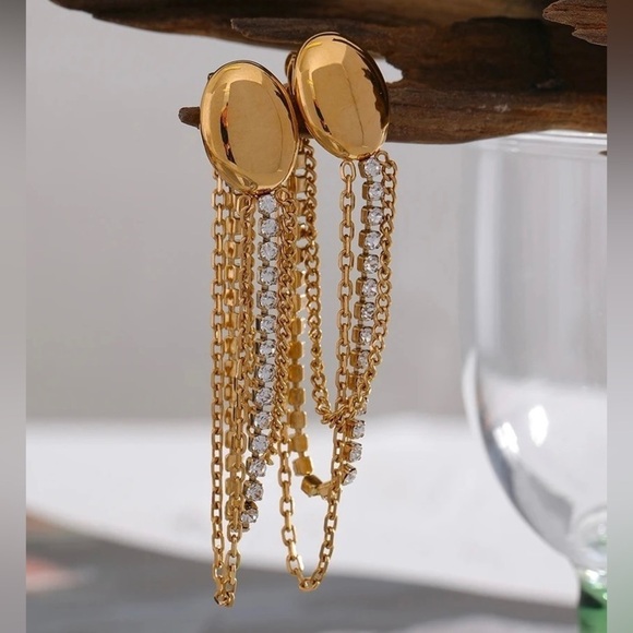 18k Gold Plated Tassel Drop CZ Chain Earrings - Picture 3 of 8